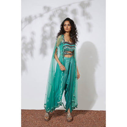 MEHAK MURPANA Aqua Dhoti Pants with Embroidered Choli & Net Cape (Set of 3)