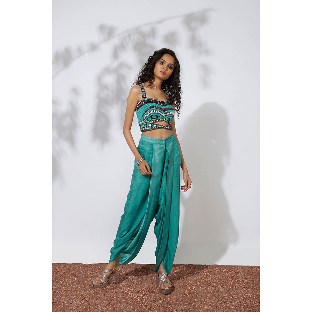 MEHAK MURPANA Aqua Dhoti Pants with Embroidered Choli & Net Cape (Set of 3)