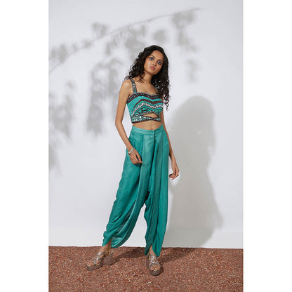 MEHAK MURPANA Aqua Dhoti Pants with Embroidered Choli & Net Cape (Set of 3)