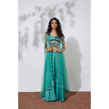 MEHAK MURPANA Aqua Palazzo with Embroidered Choli & Net Cape (Set of 3)