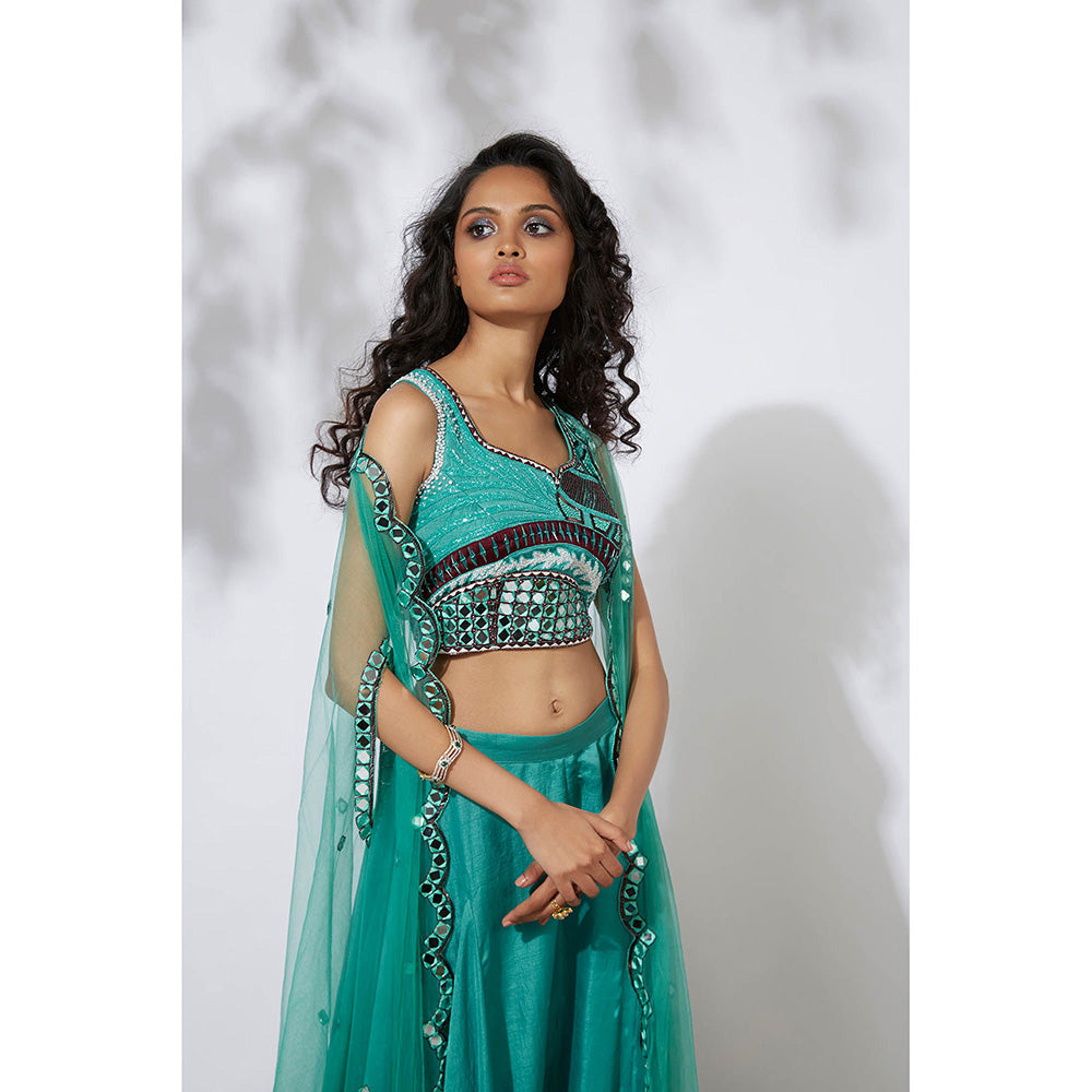 MEHAK MURPANA Aqua Palazzo with Embroidered Choli & Net Cape (Set of 3)