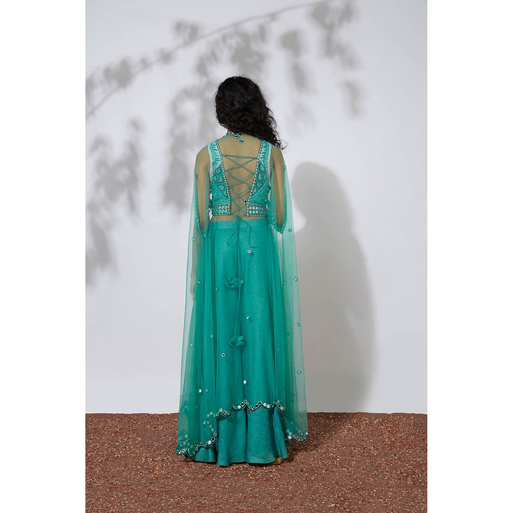 MEHAK MURPANA Aqua Palazzo with Embroidered Choli & Net Cape (Set of 3)