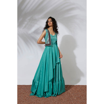 MEHAK MURPANA Aqua Asymmetrical Gown with Embroidered Crop Jacket (Set of 2)