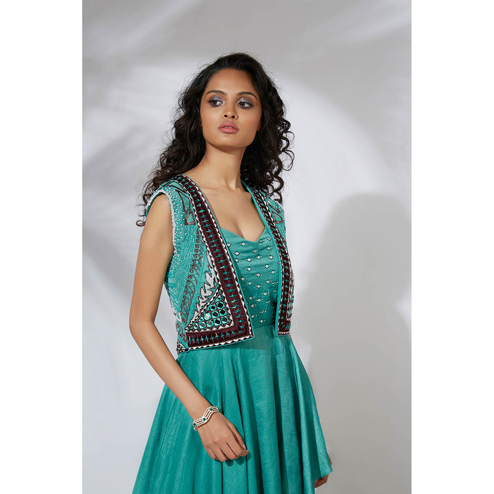 MEHAK MURPANA Aqua Asymmetrical Gown with Embroidered Crop Jacket (Set of 2)