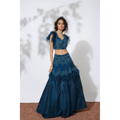 MEHAK MURPANA Teal Feather Lehenga with Blouse (Set of 2)