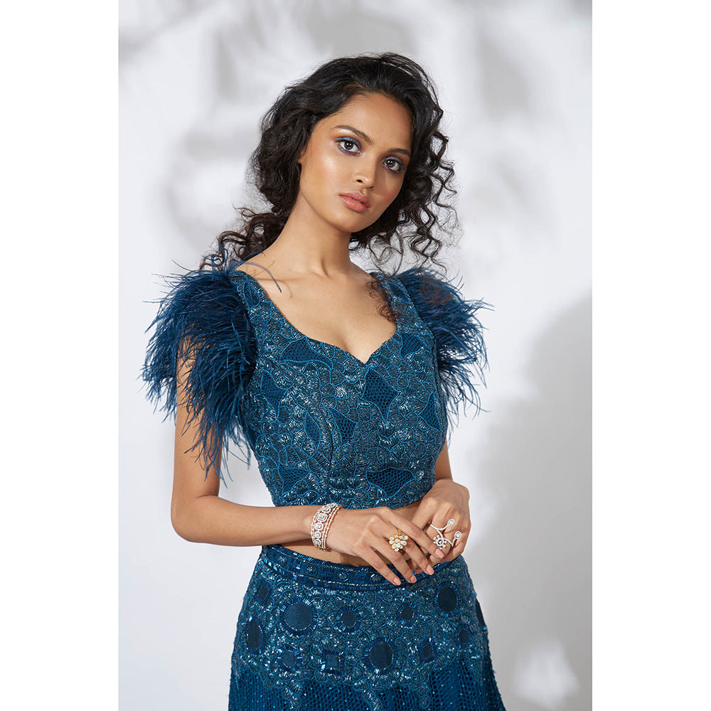 MEHAK MURPANA Teal Feather Lehenga with Blouse (Set of 2)