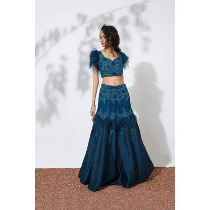 MEHAK MURPANA Teal Feather Lehenga with Blouse (Set of 2)