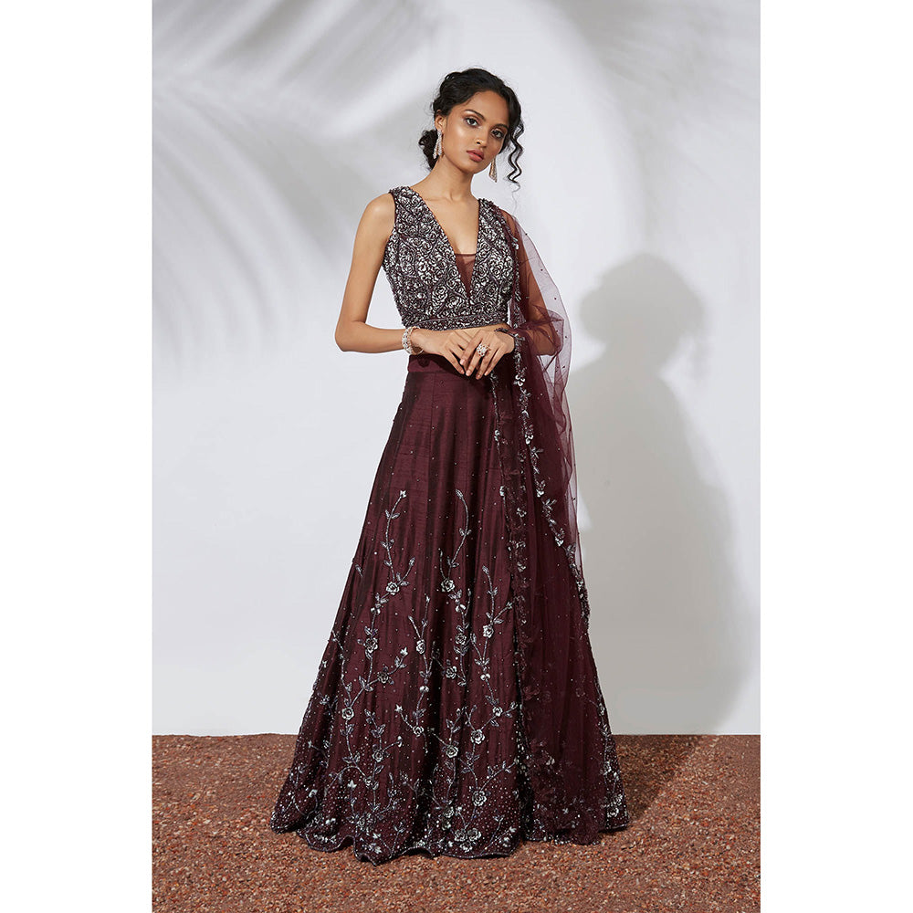 MEHAK MURPANA Wine 3D Rose Embroidered Lehenga Choli and Dupatta (Set of 3)