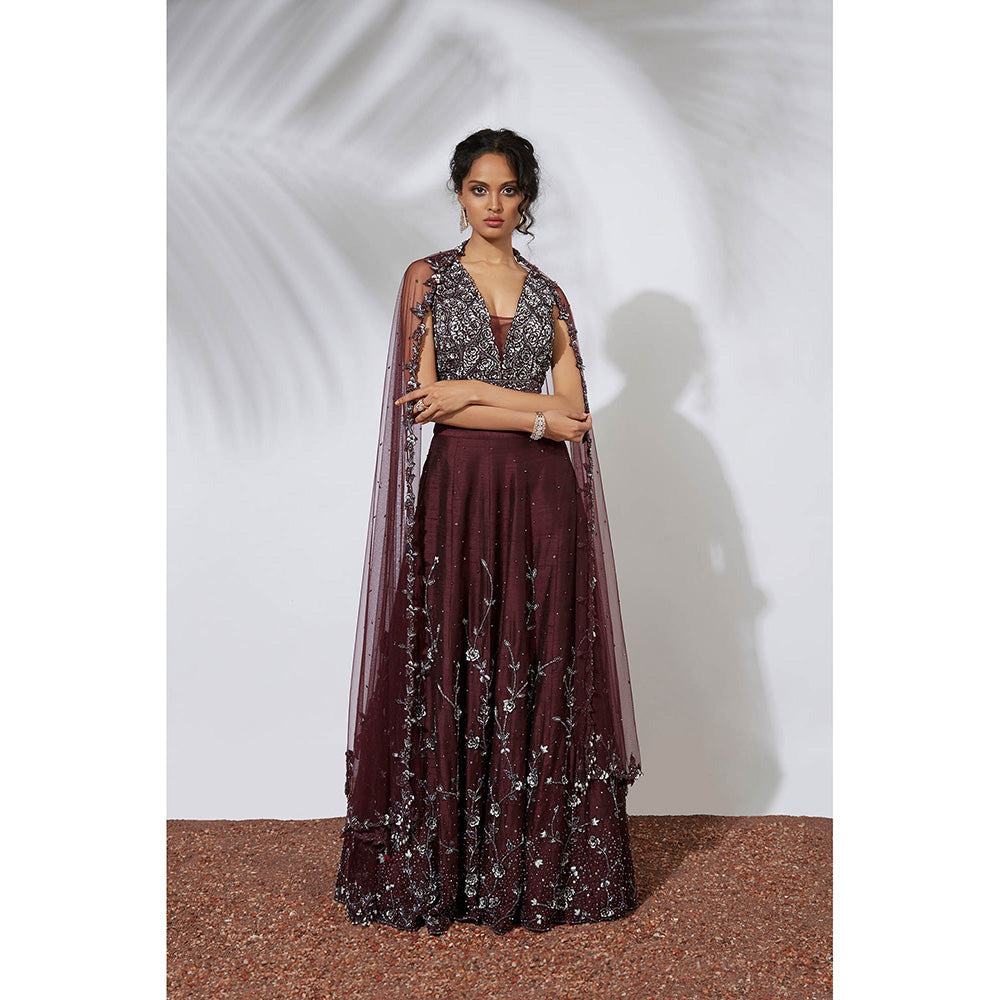 MEHAK MURPANA Wine 3D Rose Embroidered Lehenga Choli and Dupatta (Set of 3)