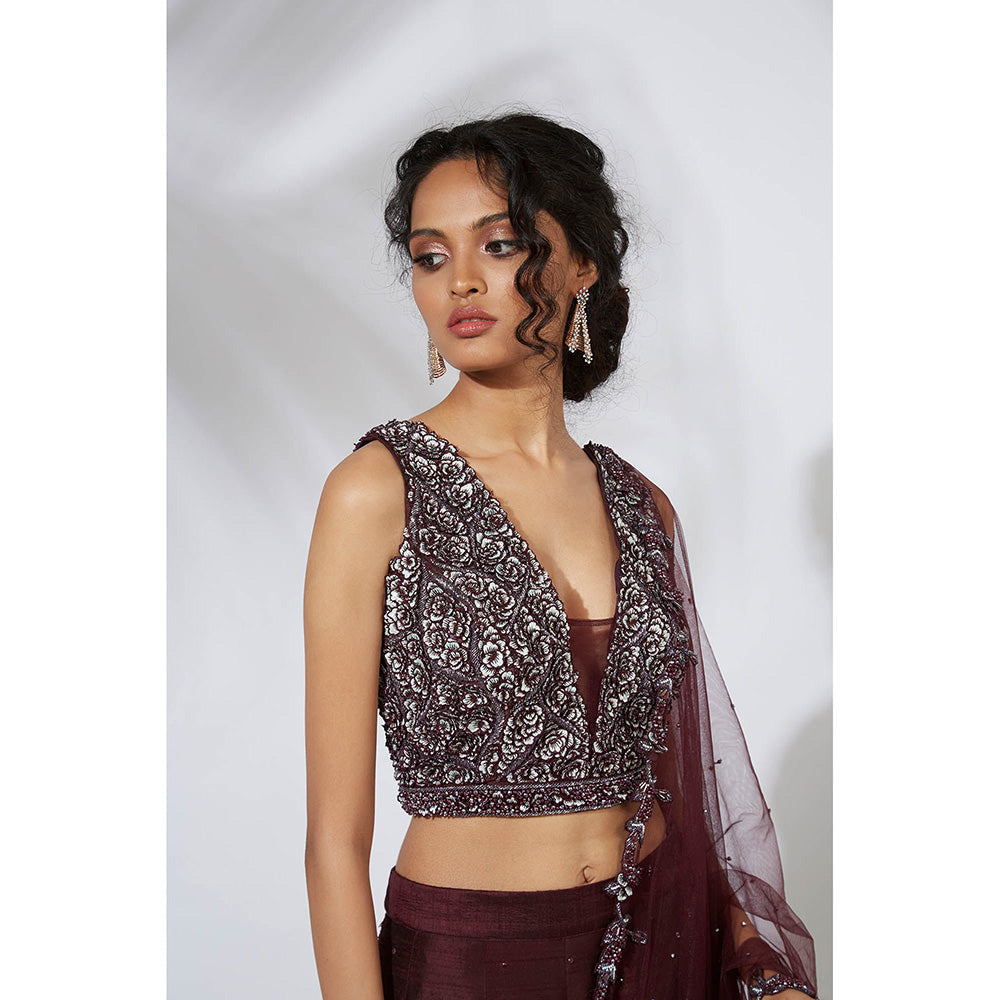 MEHAK MURPANA Wine 3D Rose Embroidered Lehenga Choli and Dupatta (Set of 3)