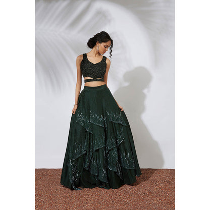 MEHAK MURPANA Forest Green 32 Panels Embroidered Lehenga with Blouse (Set of 2)