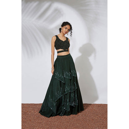 MEHAK MURPANA Forest Green 32 Panels Embroidered Lehenga with Blouse (Set of 2)