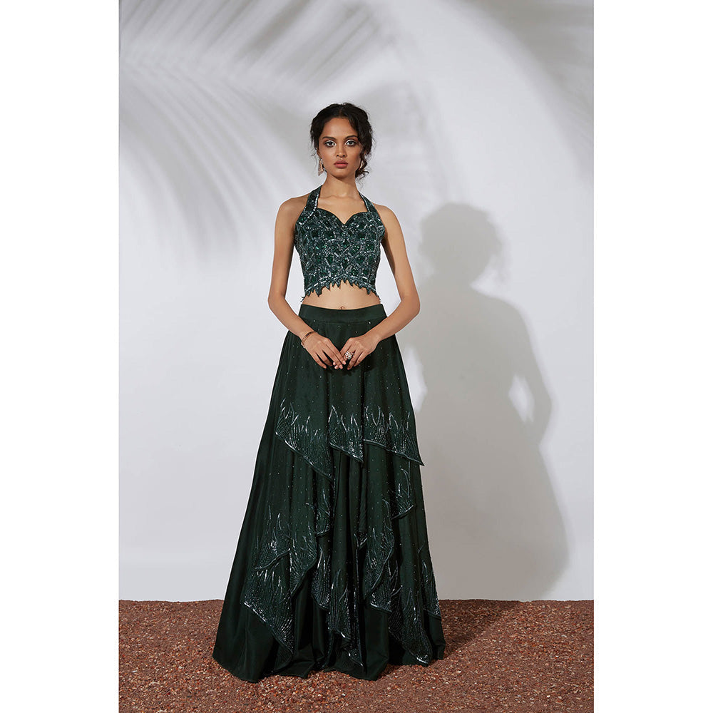 MEHAK MURPANA Forest Green 32 Panels Embroidered Lehenga with Blouse (Set of 2)
