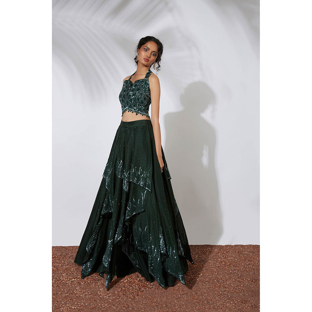 MEHAK MURPANA Forest Green 32 Panels Embroidered Lehenga with Blouse (Set of 2)