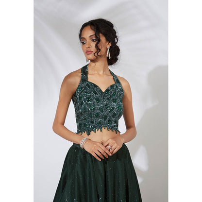 MEHAK MURPANA Forest Green 32 Panels Embroidered Lehenga with Blouse (Set of 2)