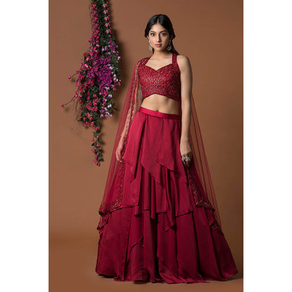 MEHAK MURPANA Red Lehenga with Blouse and Dupatta (Set of 3)