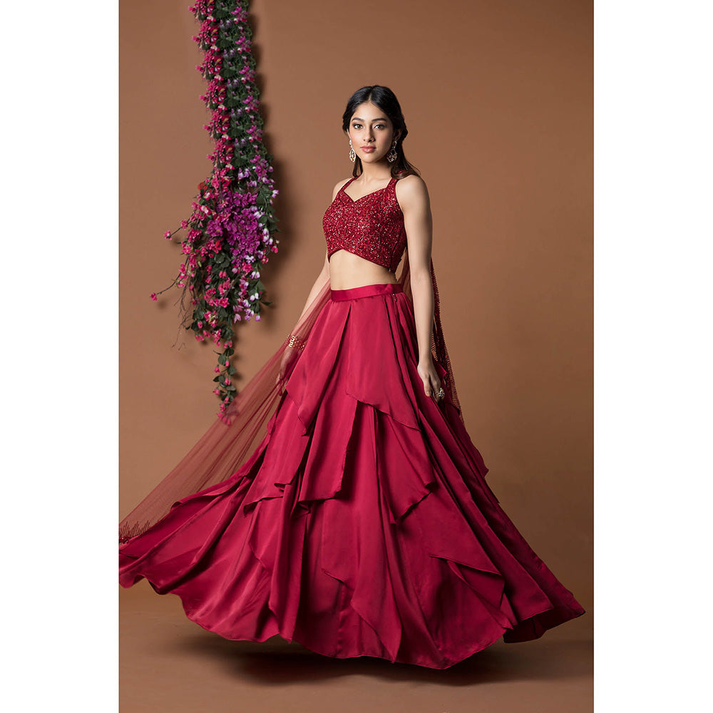 MEHAK MURPANA Red Lehenga with Blouse and Dupatta (Set of 3)