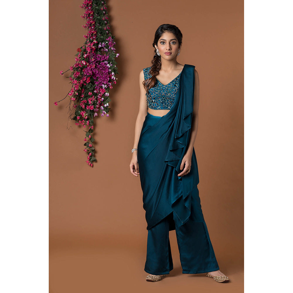 MEHAK MURPANA Teal Pant Saree with Blouse and Belt (Set of 4) with Stitched