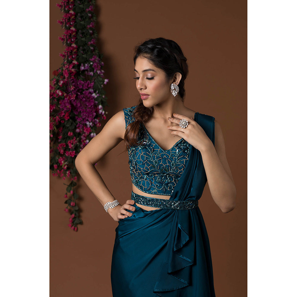 MEHAK MURPANA Teal Pant Saree with Blouse and Belt (Set of 4) with Stitched