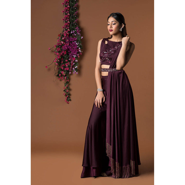 MEHAK MURPANA Wine Blouse with Palazzo and Belt (Set of 3)