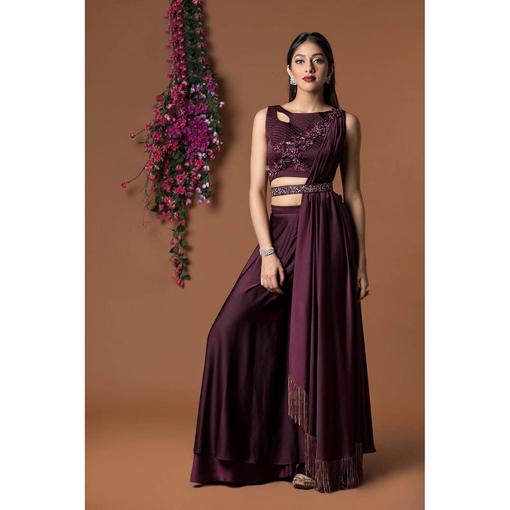 MEHAK MURPANA Wine Blouse with Palazzo and Belt (Set of 3)