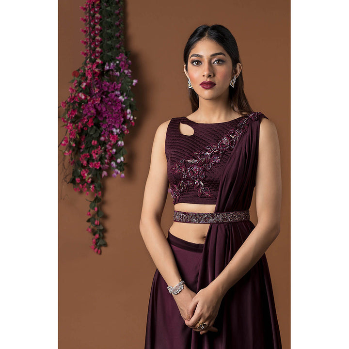 MEHAK MURPANA Wine Blouse with Palazzo and Belt (Set of 3)