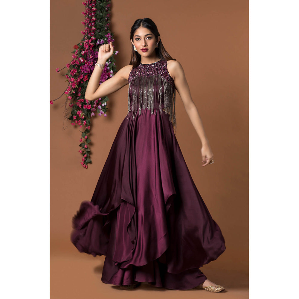 MEHAK MURPANA Wine Layered Gown