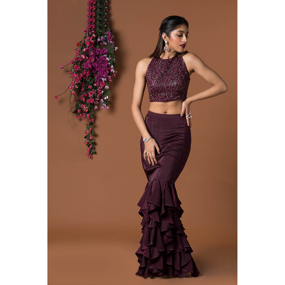 MEHAK MURPANA Wine Crop Top with Ruffle Skirt (Set of 2)