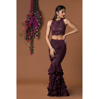 MEHAK MURPANA Wine Crop Top with Ruffle Skirt (Set of 2)