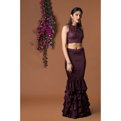 MEHAK MURPANA Wine Crop Top with Ruffle Skirt (Set of 2)