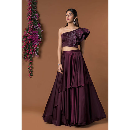 MEHAK MURPANA Wine Ruffle Sleeve Crop Top with Skirt (Set of 2)