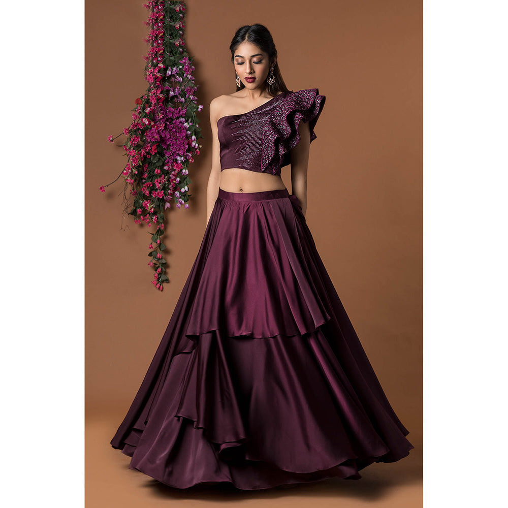 MEHAK MURPANA Wine Ruffle Sleeve Crop Top with Skirt (Set of 2)