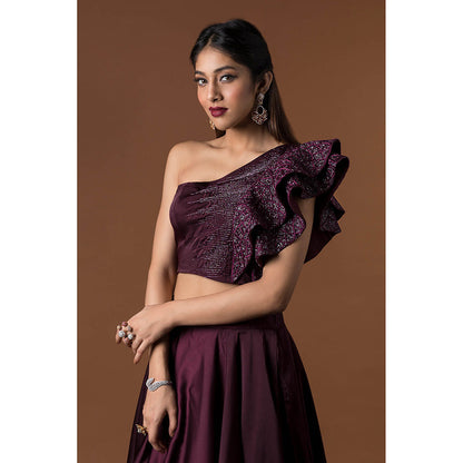 MEHAK MURPANA Wine Ruffle Sleeve Crop Top with Skirt (Set of 2)