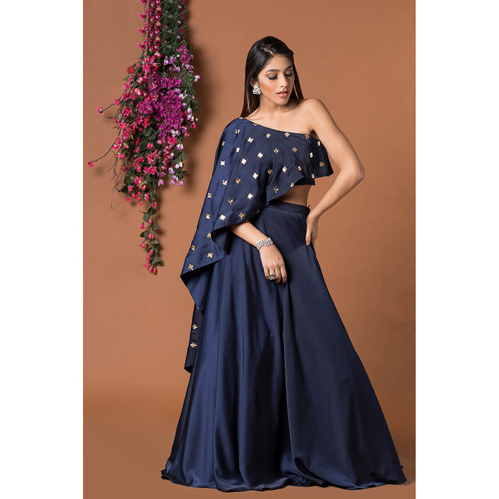 MEHAK MURPANA Navy Blue Lehenga with Crop Top (Set of 2)