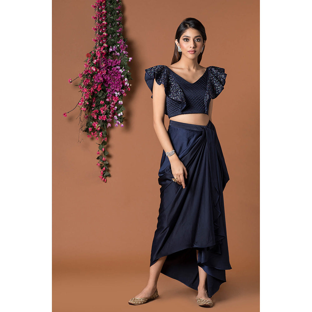 MEHAK MURPANA Navy Blue Crop Top with Draped Skirt (Set of 2)