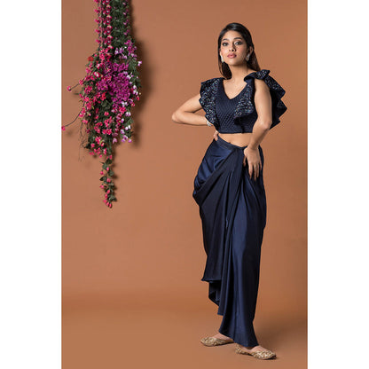 MEHAK MURPANA Navy Blue Crop Top with Draped Skirt (Set of 2)