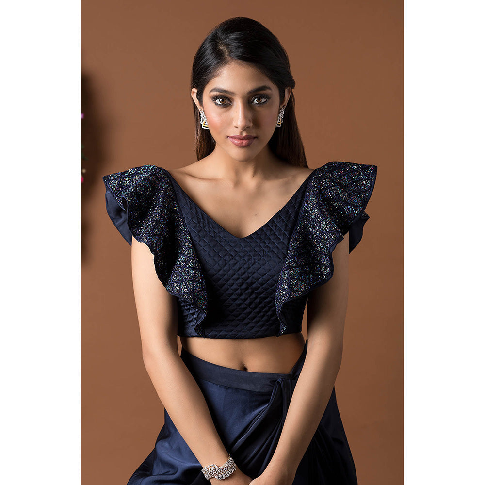 MEHAK MURPANA Navy Blue Crop Top with Draped Skirt (Set of 2)