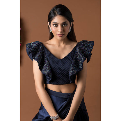 MEHAK MURPANA Navy Blue Crop Top with Draped Skirt (Set of 2)