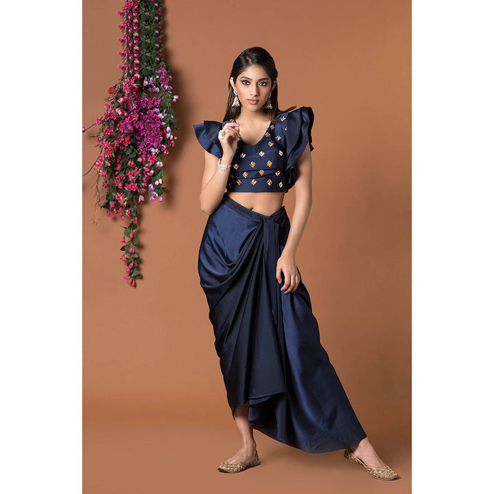 MEHAK MURPANA Navy Blue Crop Top with Draped Skirt (Set of 2)