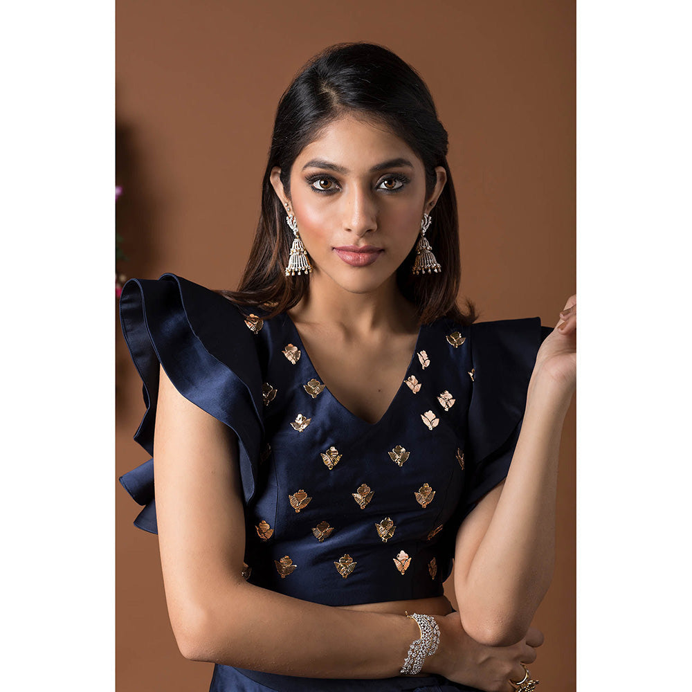 MEHAK MURPANA Navy Blue Crop Top with Draped Skirt (Set of 2)