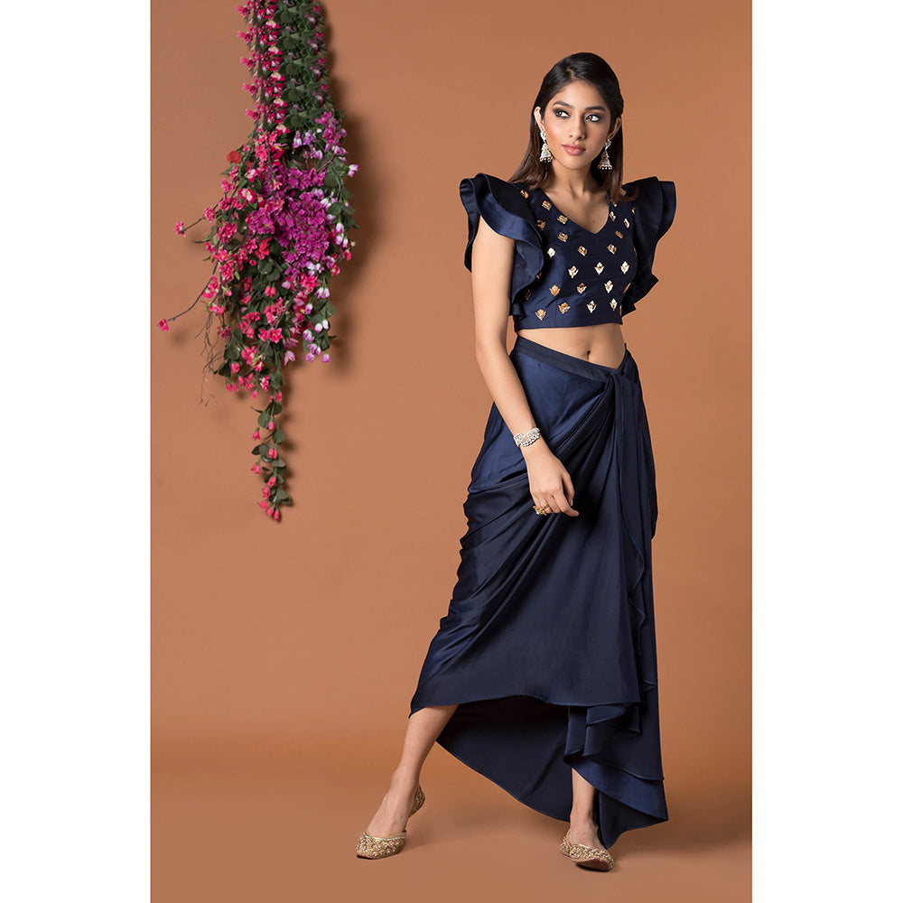 MEHAK MURPANA Navy Blue Crop Top with Draped Skirt (Set of 2)