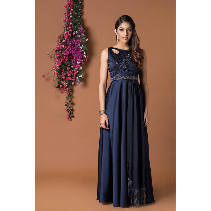 MEHAK MURPANA Navy Blue Gown with Attach Drape and Belt (Set of 2)