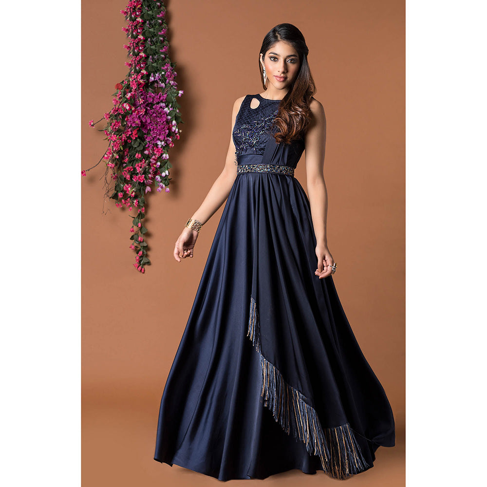 MEHAK MURPANA Navy Blue Gown with Attach Drape and Belt (Set of 2)