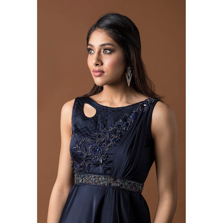 MEHAK MURPANA Navy Blue Gown with Attach Drape and Belt (Set of 2)