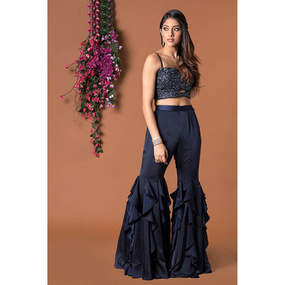 MEHAK MURPANA Navy Blue Crop Top with Ruffle Sharara (Set of 2)