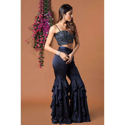 MEHAK MURPANA Navy Blue Crop Top with Ruffle Sharara (Set of 2)