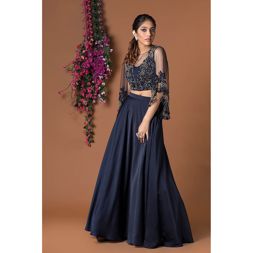 MEHAK MURPANA Navy Blue Crop Top with Skirt (Set of 2)