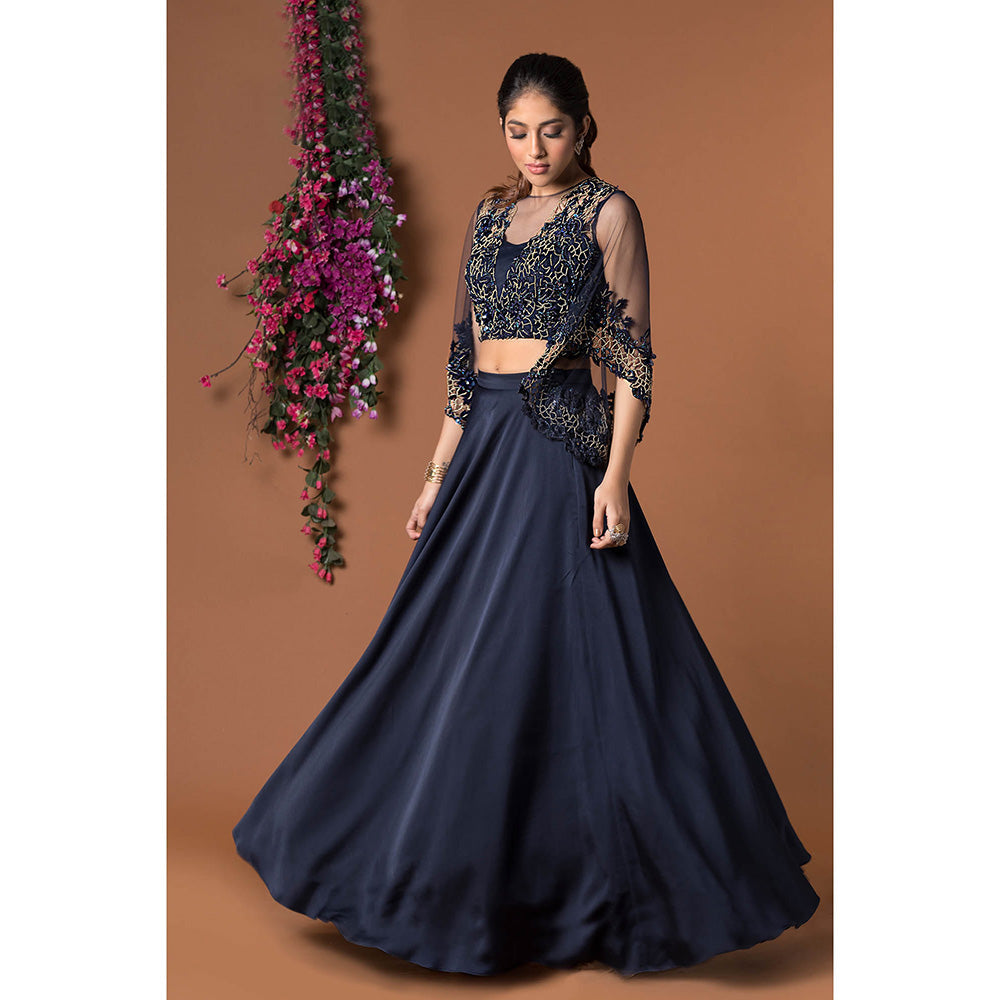 MEHAK MURPANA Navy Blue Crop Top with Skirt (Set of 2)