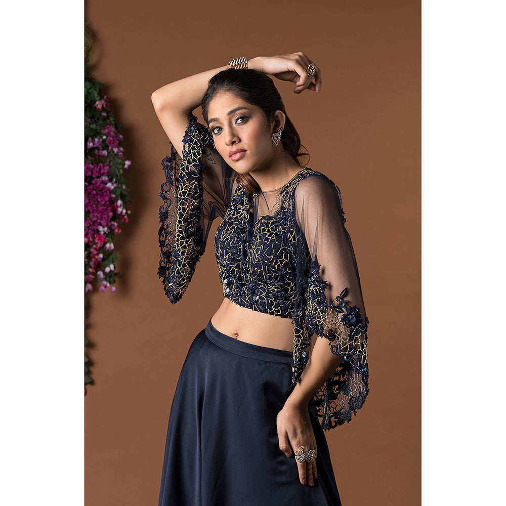 MEHAK MURPANA Navy Blue Crop Top with Skirt (Set of 2)
