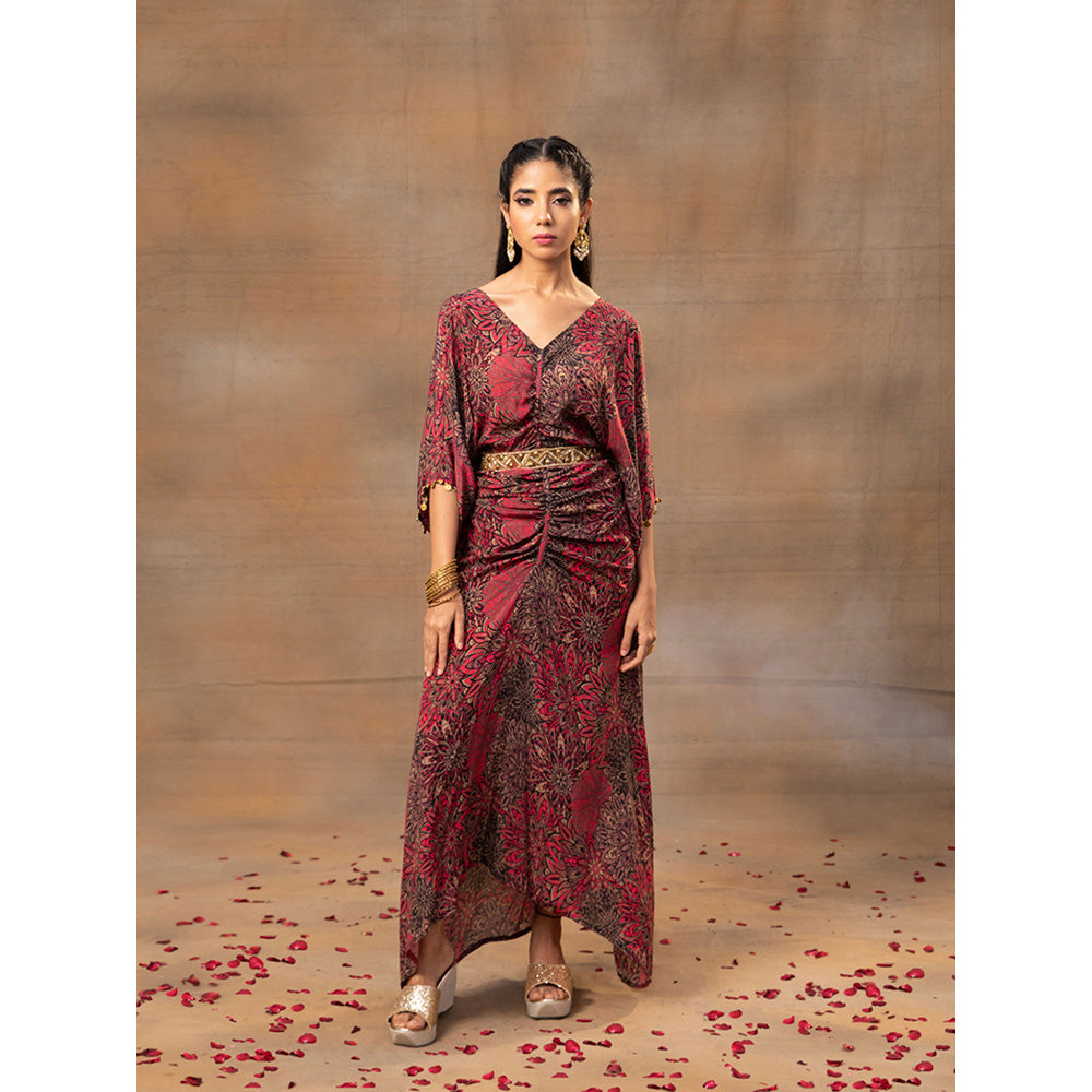 MEHAK MURPANA Pink Printed Draped Dress with Embroidered Belt (Set of 2)